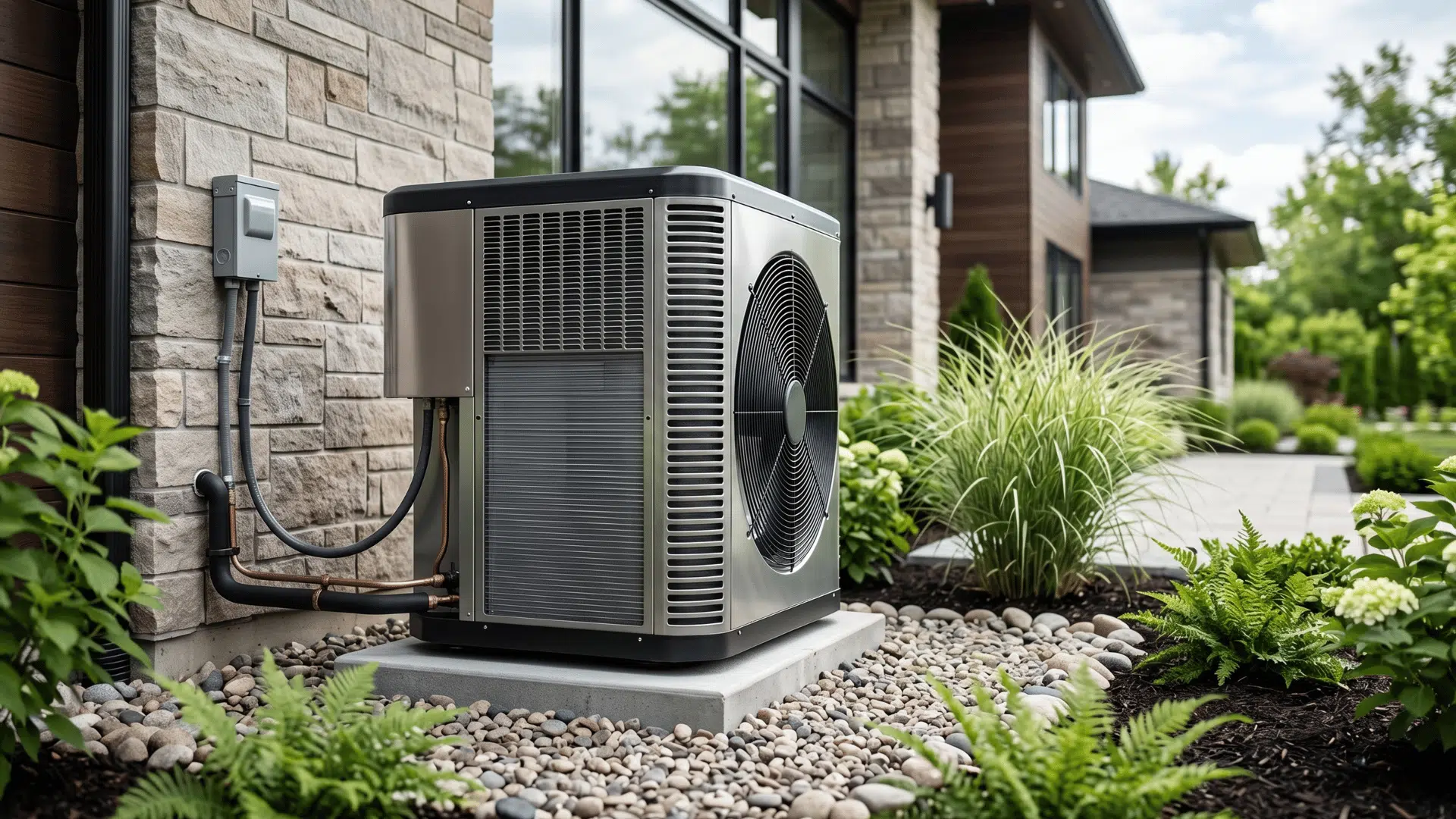 high efficiency outdoor hvac system installed beside a modern home with visible ventilation unit and clean landscaping
