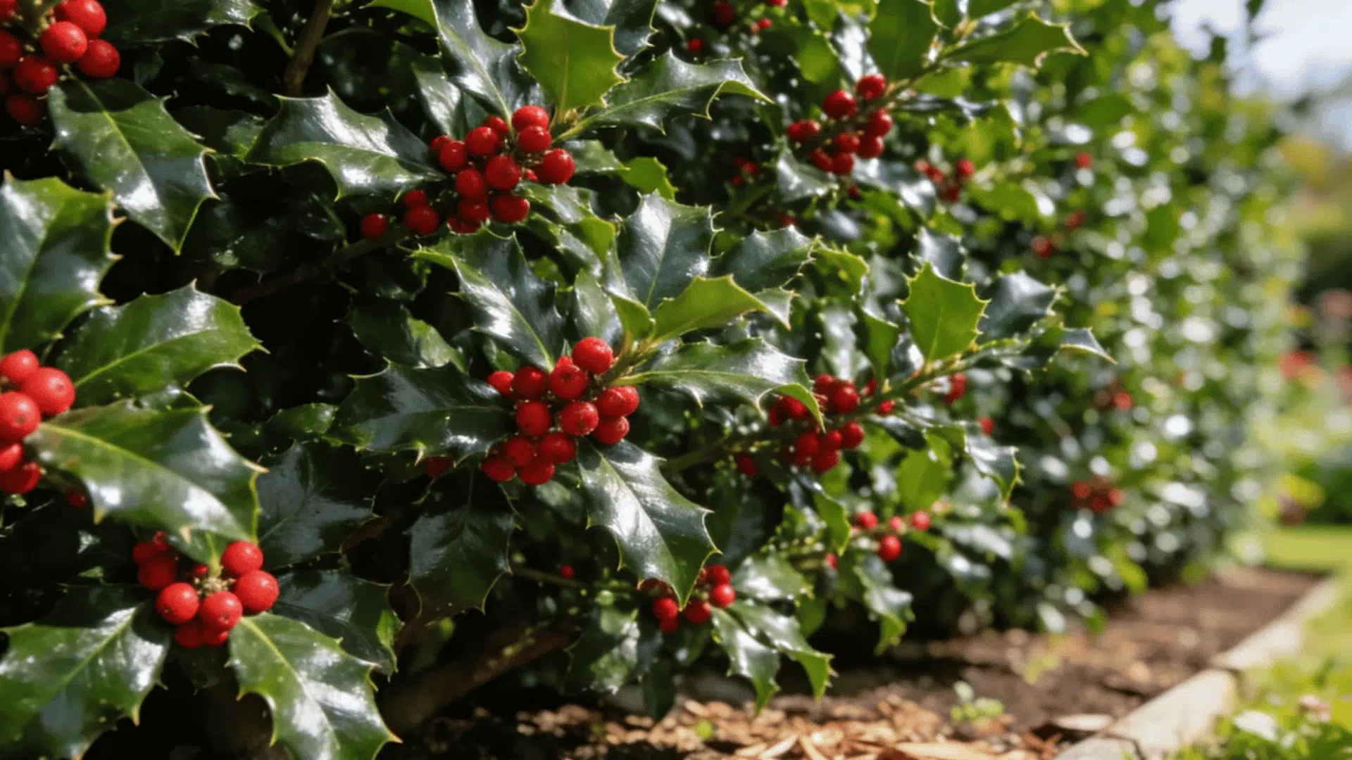 holly bush with glossy green leaves and bright red berries growing beside a mulched garden border