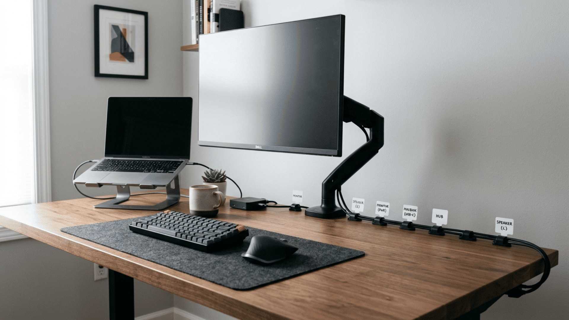 home office desk with cables routed neatly along the back edge using black clips and labeled white tags
