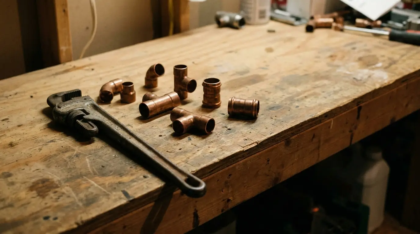 Plumbing tools and copper fittings on a wooden workbench in a workshop
