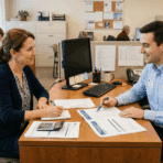 homeowner talking to staff in local office about home repair assistance and support programs