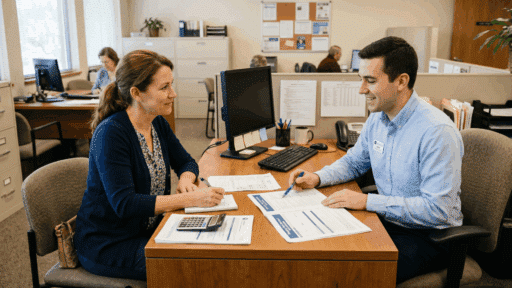 homeowner talking to staff in local office about home repair assistance and support programs