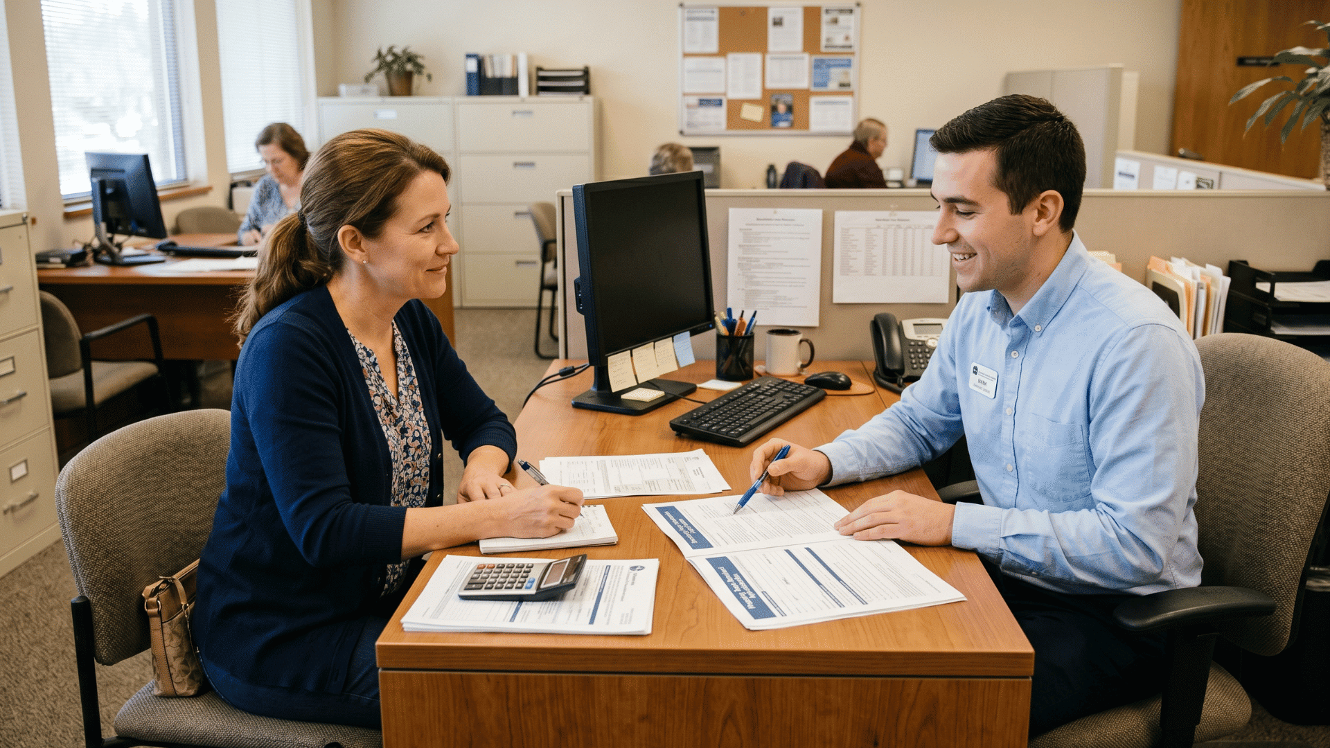 homeowner talking to staff in local office about home repair assistance and support programs