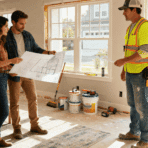homeowners reviewing renovation plans with contractor in a partially finished modern living room scene