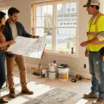 homeowners reviewing renovation plans with contractor in a partially finished modern living room scene