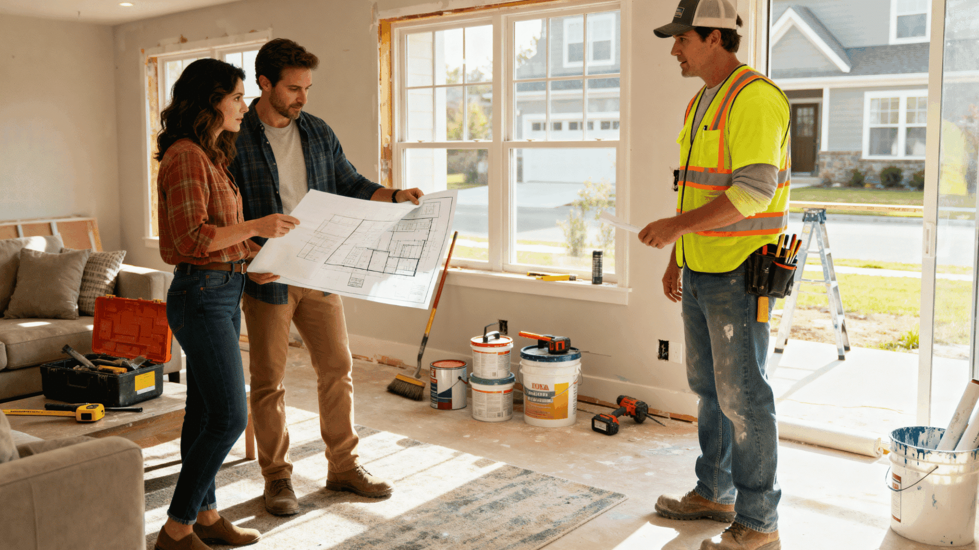 homeowners reviewing renovation plans with contractor in a partially finished modern living room scene