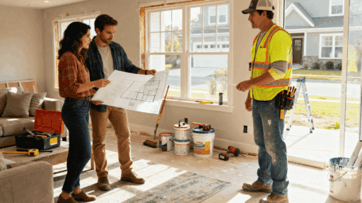 homeowners reviewing renovation plans with contractor in a partially finished modern living room scene