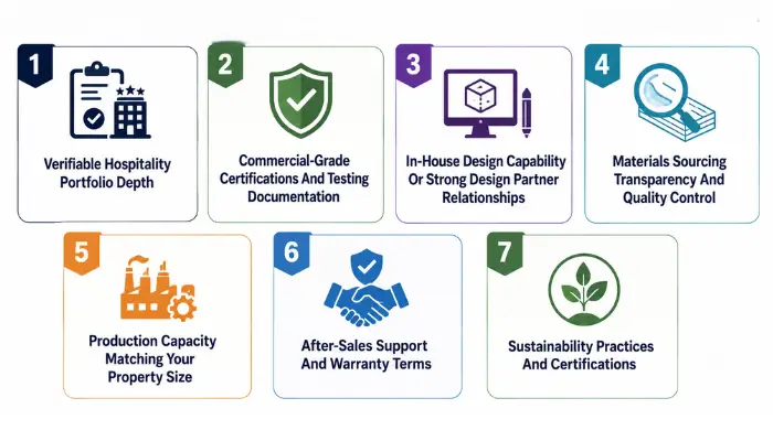 Seven colorful icons representing various business services and certifications in a grid layout