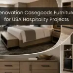 Modern hotel room with wooden furniture, neutral bedding, and stylish lighting fixtures in warm tones