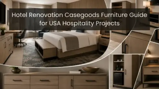 Modern hotel room with wooden furniture, neutral bedding, and stylish lighting fixtures in warm tones