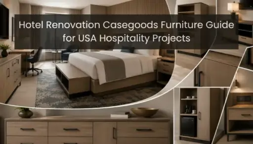 Modern hotel room with wooden furniture, neutral bedding, and stylish lighting fixtures in warm tones
