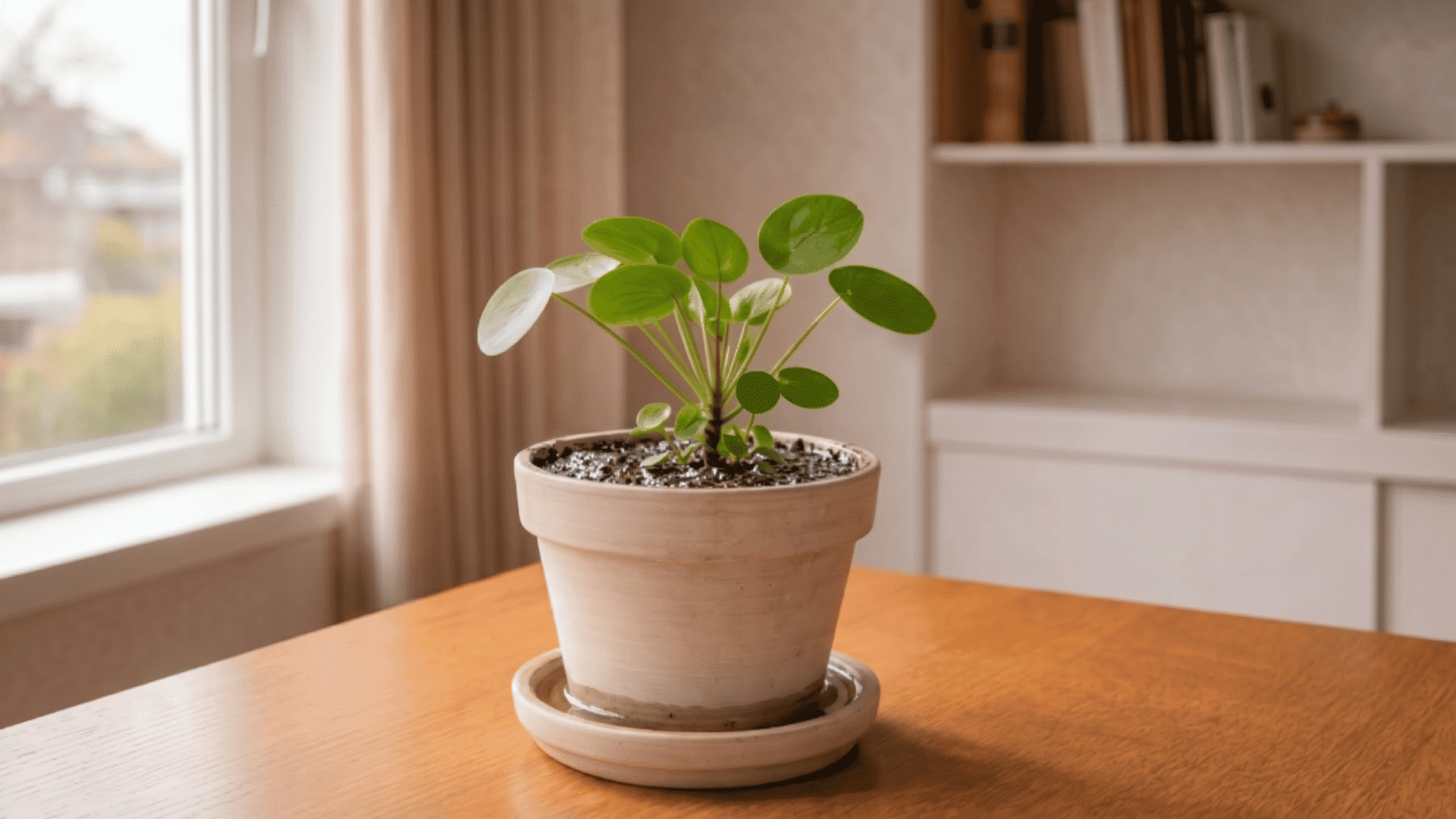 houseplant in pot with moist soil and proper drainage tray placed on wooden table near window