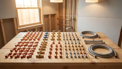Copper and brass plumbing fittings neatly arranged on wooden table in workshop under warm lighting