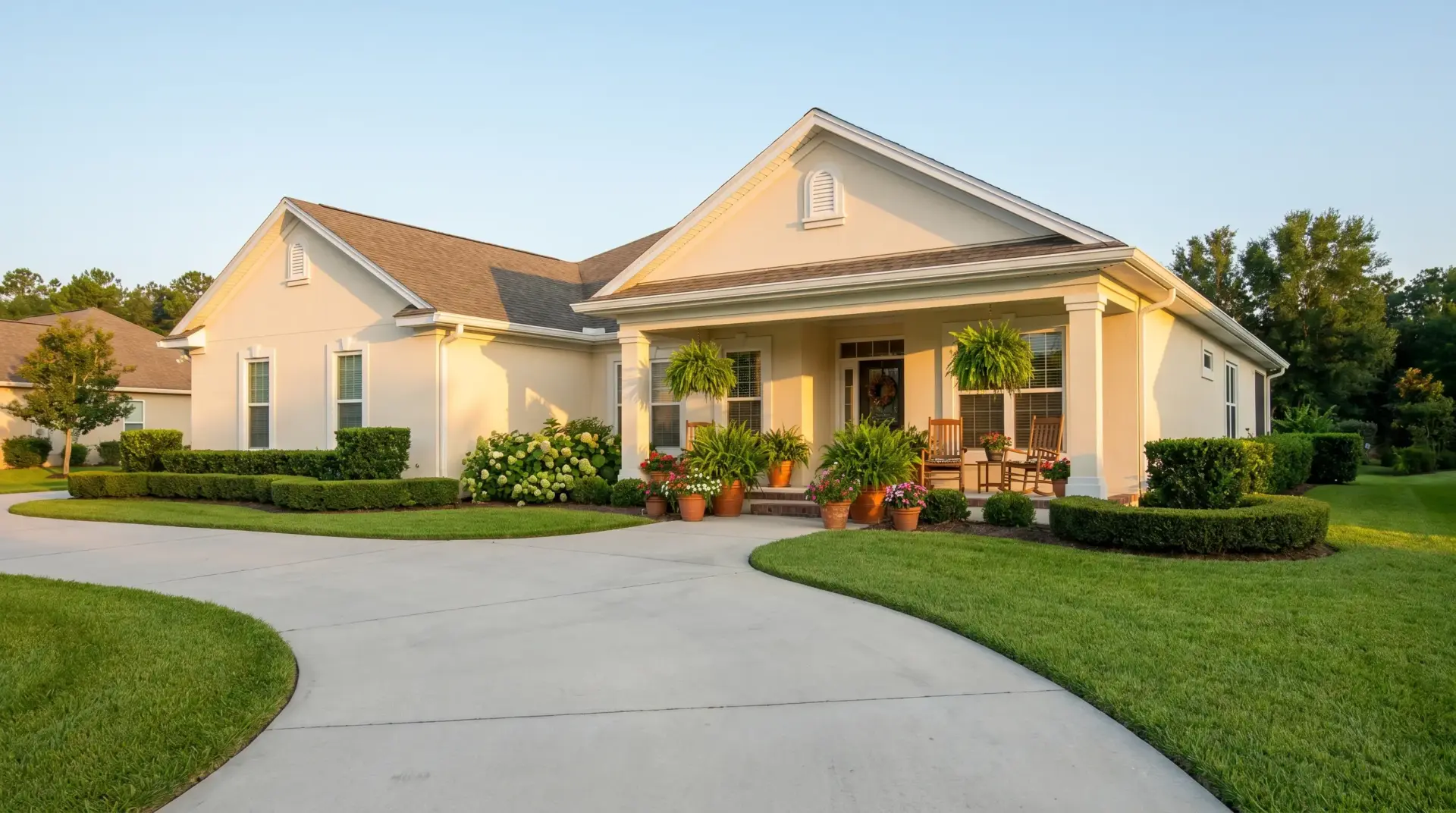 Single-story house with manicured lawn and potted plants on a curved driveway in evening light