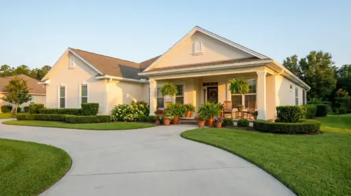 Single-story house with manicured lawn and potted plants on a curved driveway in evening light