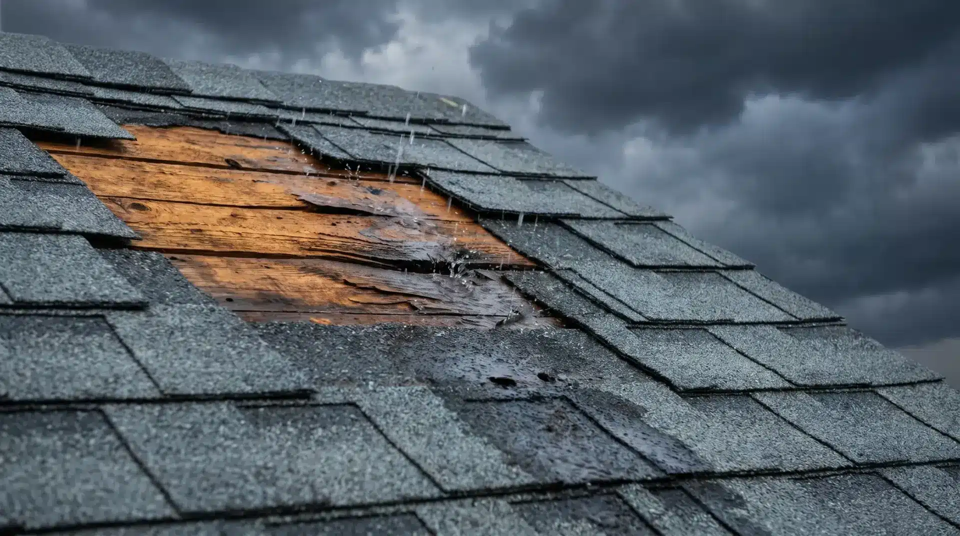 Damaged roof with missing shingles and exposed wood during rainy weather
