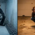 Man in jumpsuit kneeling beside traps in a basement; another man distraught in a garage with a rat nearby