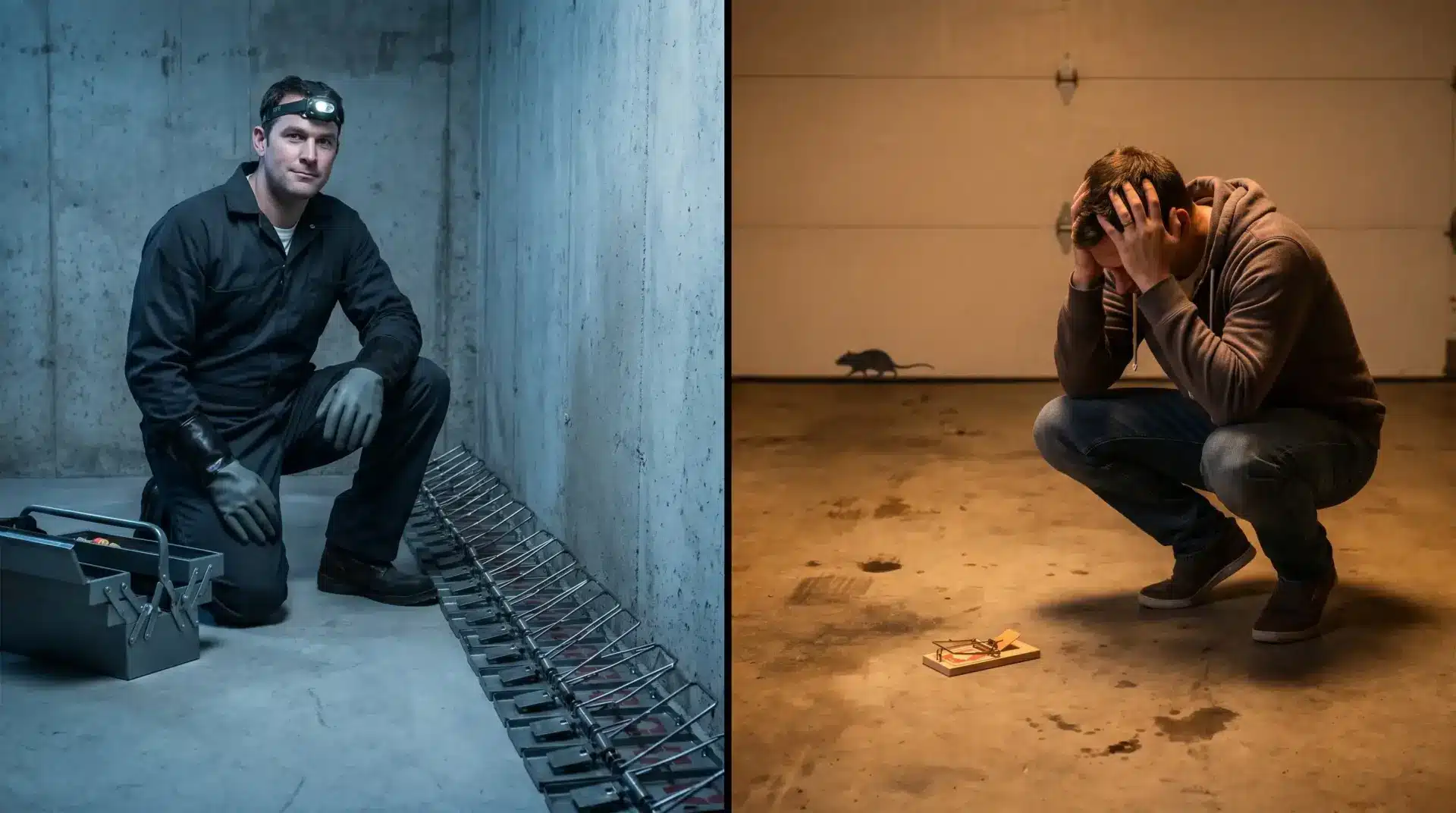 Man in jumpsuit kneeling beside traps in a basement; another man distraught in a garage with a rat nearby