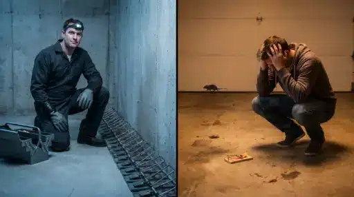 Man in jumpsuit kneeling beside traps in a basement; another man distraught in a garage with a rat nearby