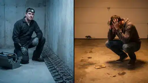 Man in jumpsuit kneeling beside traps in a basement; another man distraught in a garage with a rat nearby