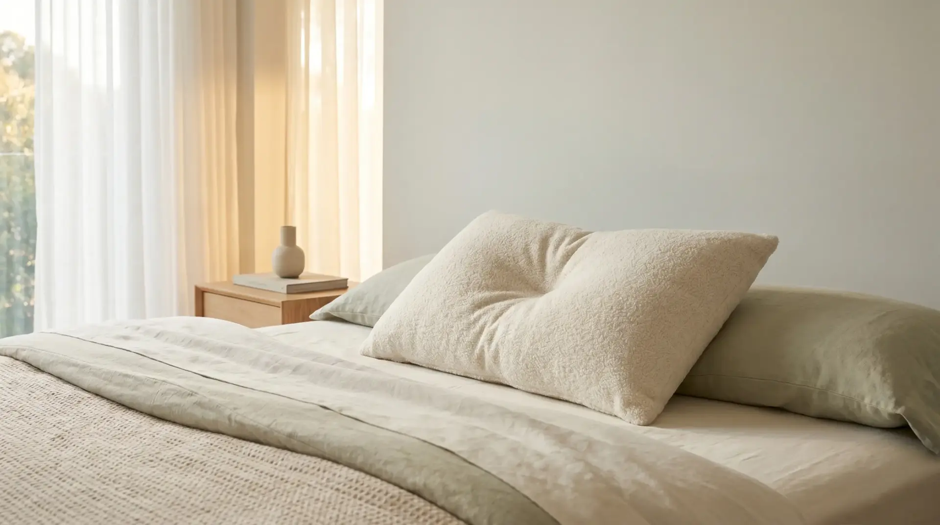 Beige pillows on neatly made bed with soft lighting and wooden bedside table