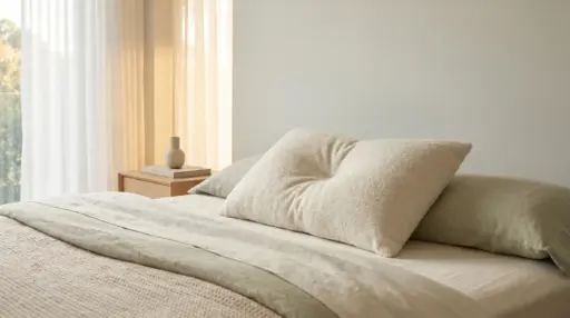 Beige pillows on neatly made bed with soft lighting and wooden bedside table