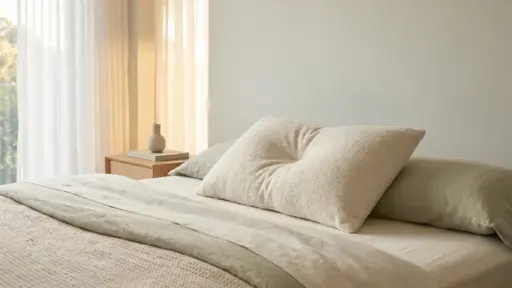 Beige pillows on neatly made bed with soft lighting and wooden bedside table
