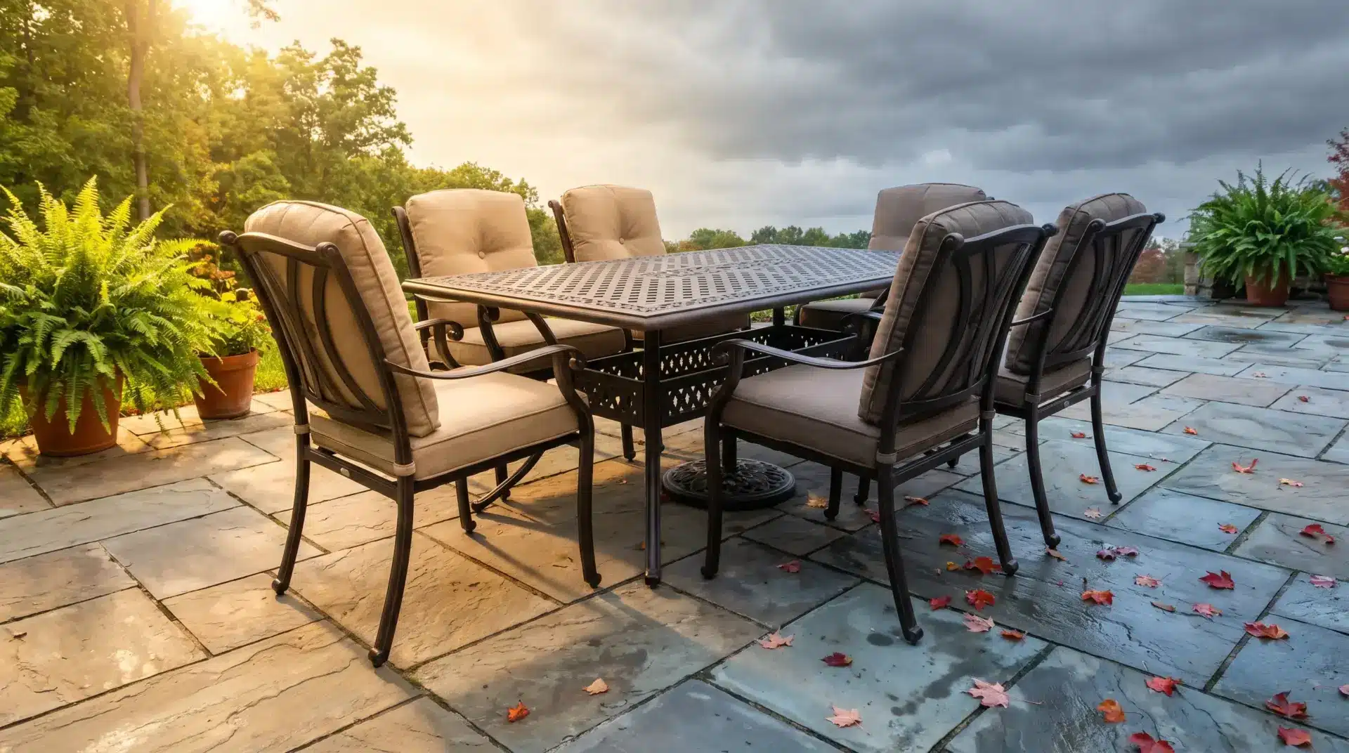 Outdoor patio with metal dining set and cushioned chairs on stone tiles surrounded by ferns