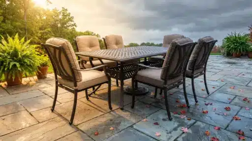 Outdoor patio with metal dining set and cushioned chairs on stone tiles surrounded by ferns