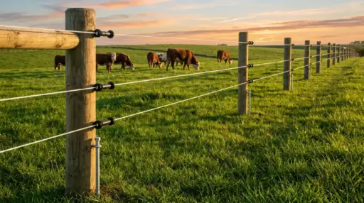 Wooden fence and grazing cattle in green pasture at sunset