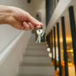 Hand holding house keys in modern hallway with staircase in soft lighting
