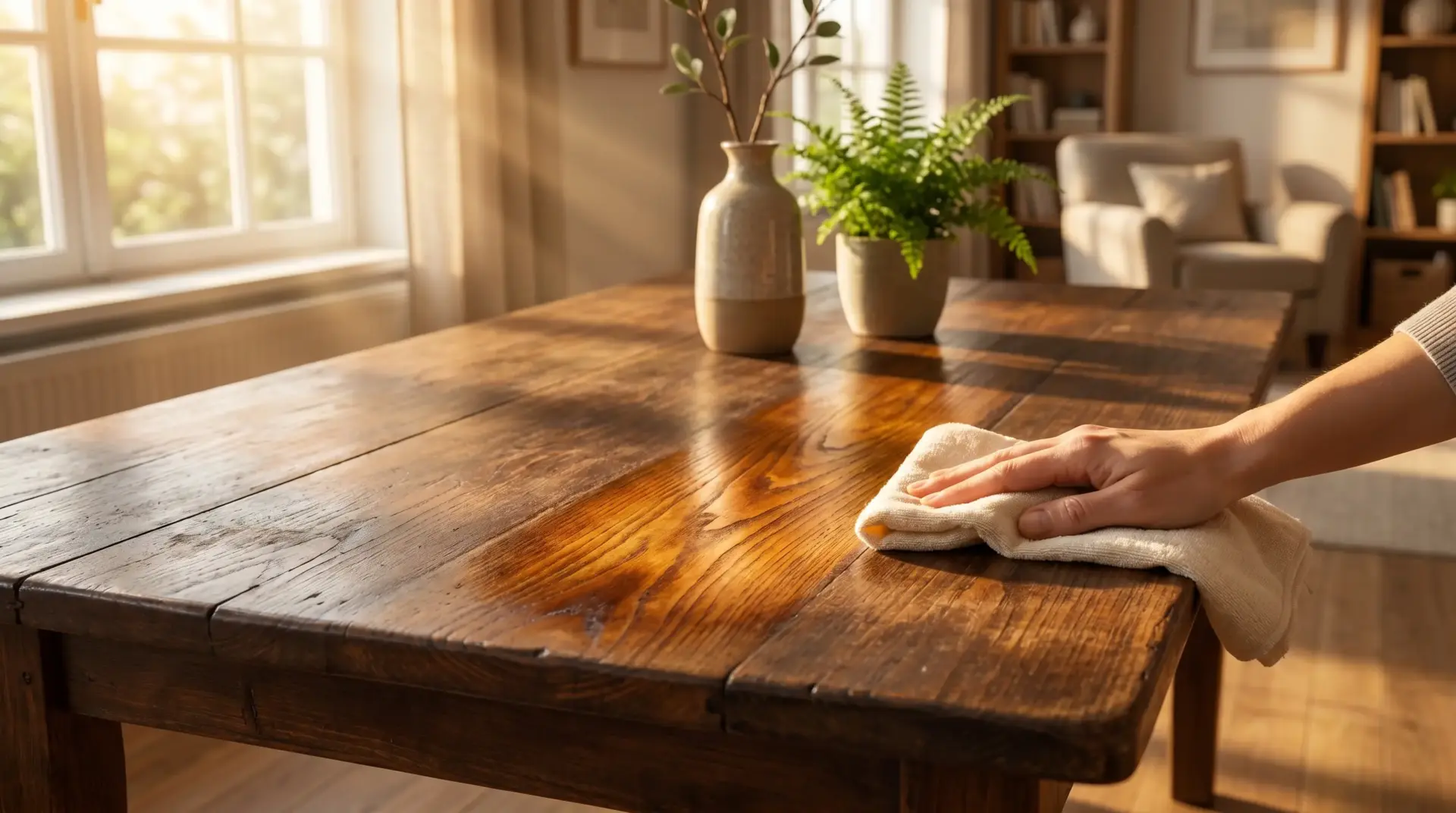 Hand wiping wooden dining table with cloth in sunlit living room