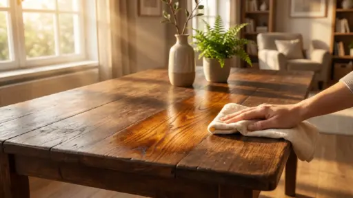 Hand wiping wooden dining table with cloth in sunlit living room