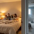 Family reading together on a bed in a cozy bedroom with warm lighting