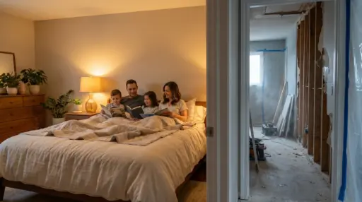 Family reading together on a bed in a cozy bedroom with warm lighting