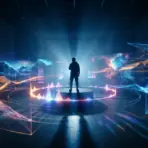 Silhouette of person on stage surrounded by colorful digital projections in dark studio setting