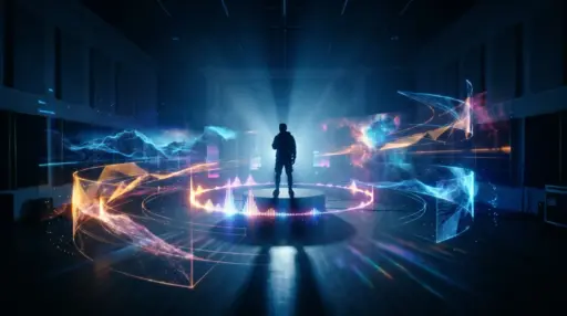 Silhouette of person on stage surrounded by colorful digital projections in dark studio setting