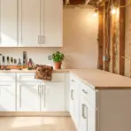 White kitchen cabinets with tools and potted plant on countertop in partially renovated room