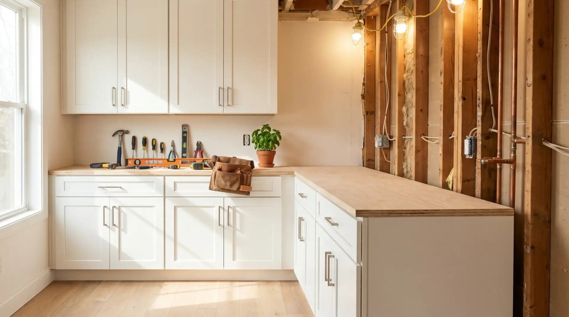 White kitchen cabinets with tools and potted plant on countertop in partially renovated room