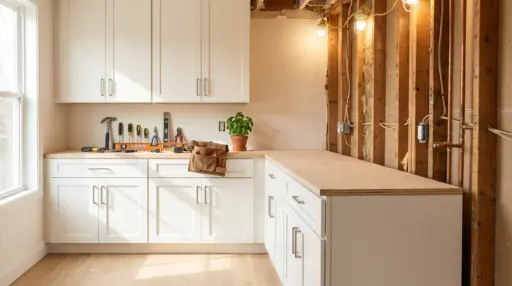 White kitchen cabinets with tools and potted plant on countertop in partially renovated room