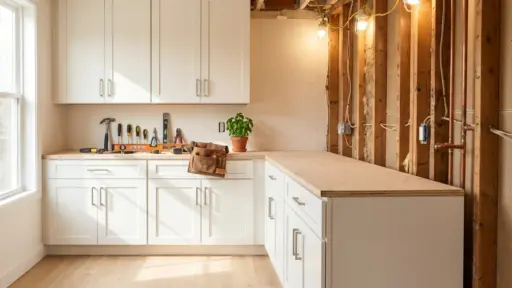 White kitchen cabinets with tools and potted plant on countertop in partially renovated room