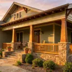 Craftsman-style house with wooden columns and stone porch in warm sunset light