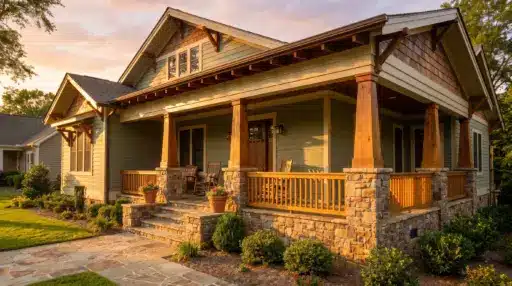 Craftsman-style house with wooden columns and stone porch in warm sunset light