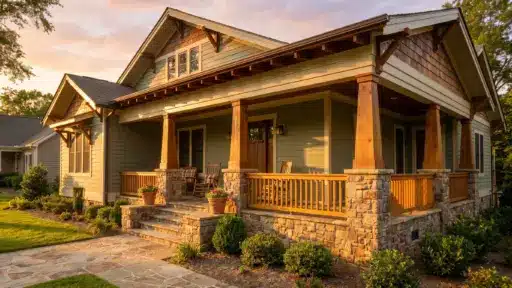 Craftsman-style house with wooden columns and stone porch in warm sunset light