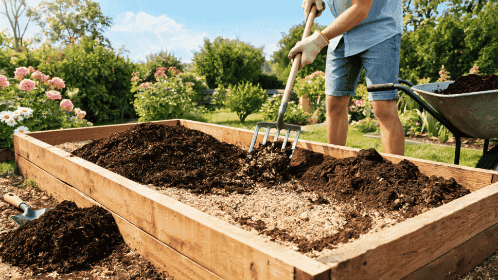 image of a person mixing organic compost in the soil