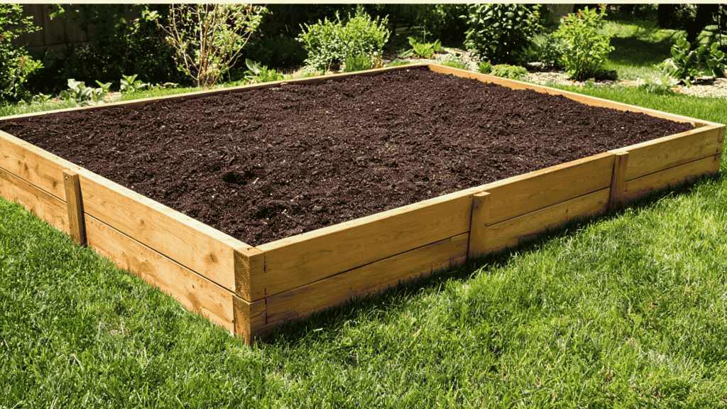image of a wooden frame filled with soil kept in a garden