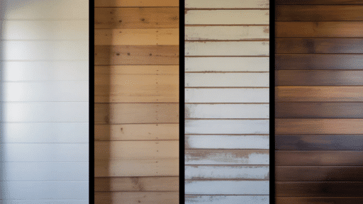 image shows four different wood paneling finishes arranged side by side white-painted wood, natural light wood, distressed white-painted wood, and dark-stained wood.