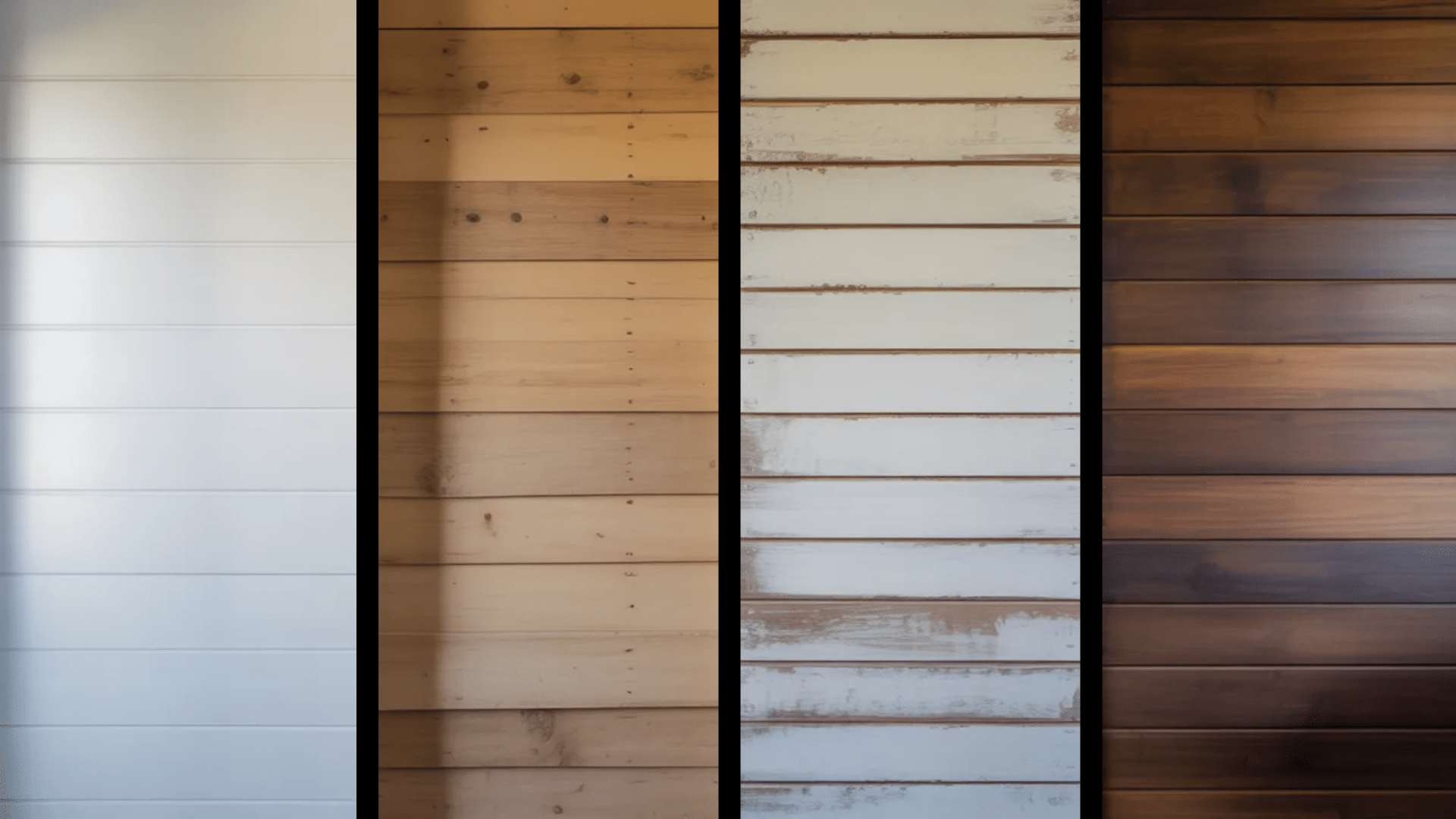 image shows four different wood paneling finishes arranged side by side white-painted wood, natural light wood, distressed white-painted wood, and dark-stained wood.