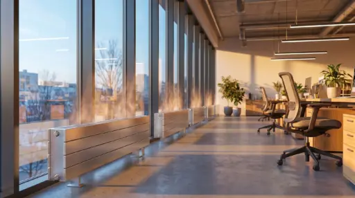 Modern office interior with desks and ergonomic chairs in natural light from large windows