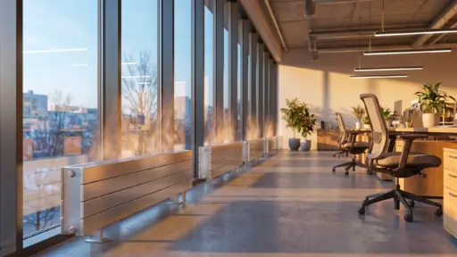 Modern office interior with desks and ergonomic chairs in natural light from large windows